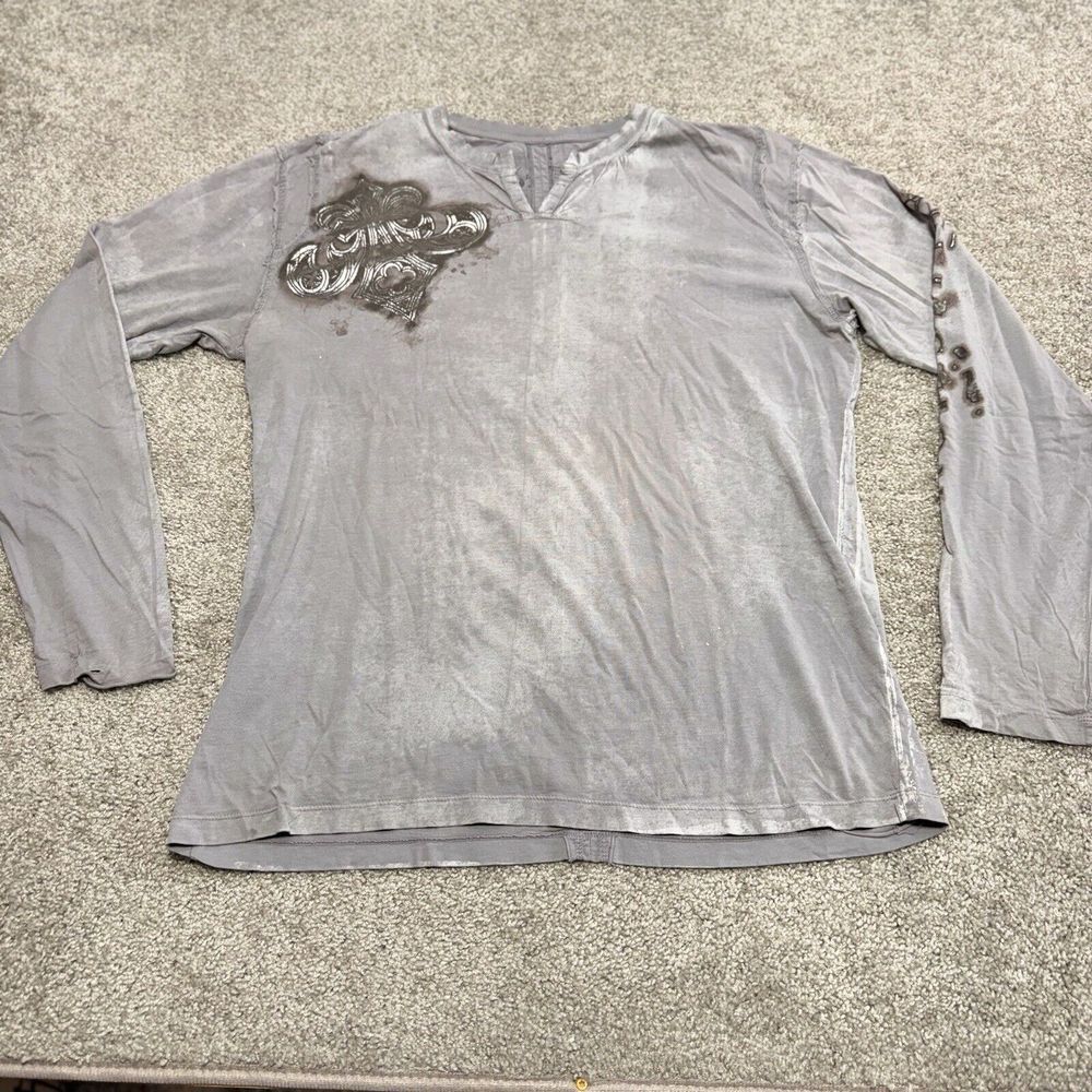 Affliction Slit‎ Neck Long Sleeve tee t-shirt Gray Size 2XL - Picture 2 of 9